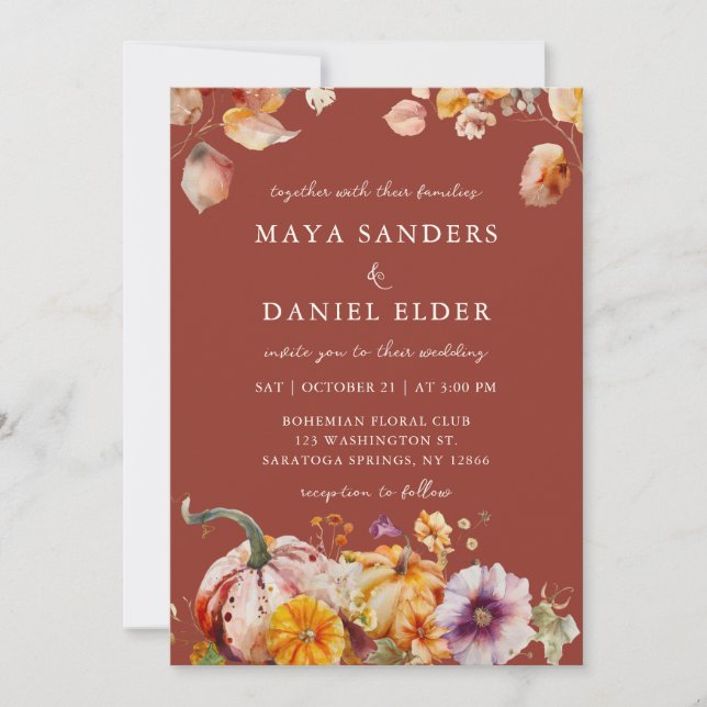 Fall Flowers and Pumpkins Cosy Wedding Invitation (Front)