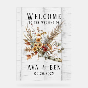 Fall Flowers and White Birch Tree Wedding Welcome Acrylic Sign