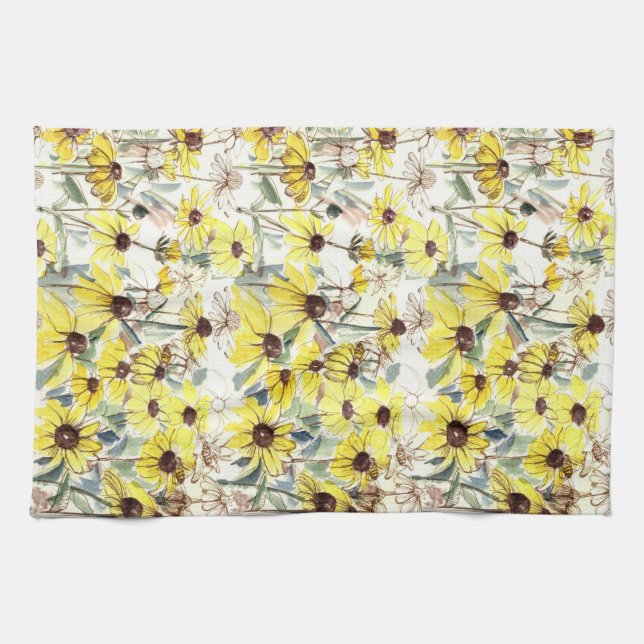 Fall Flowers Black Eyed Susans Wildflower Garden Tea Towel (Horizontal)
