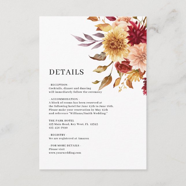 Fall Flowers | Botanical Wedding Details Enclosure Card (Front)