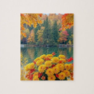 Fall Flowers by the Lake Chrysanthemum Garden Scen Jigsaw Puzzle