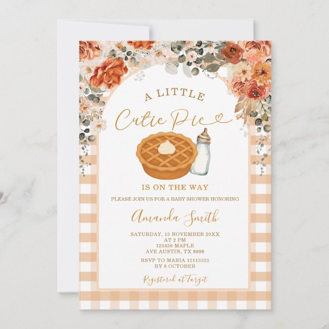 Fall Flowers Cutie Pie Gingham Fall Baby Shower Invitation (Front)