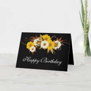 Fall Flowers Design on Black Happy Birthday Card