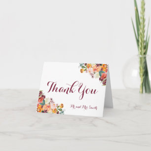 Fall Flowers Folded Thank You Cards, Orange Maroon Note Card
