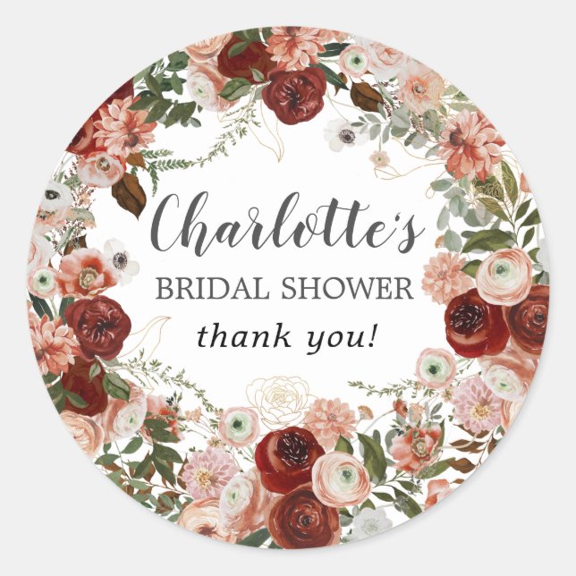 Fall Flowers Greenery Bridal Shower Thank You Classic Round Sticker (Front)