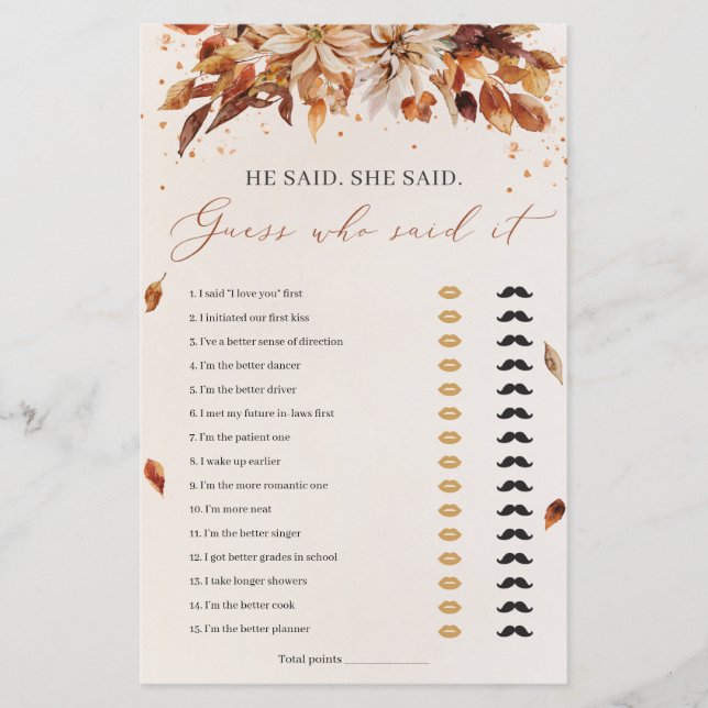 Fall Flowers He said She said Bridal Shower Game (Front)