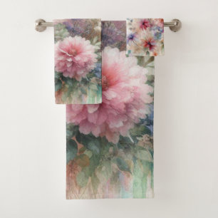 Fall flowers in pastel colours watercolor painting bath towel set