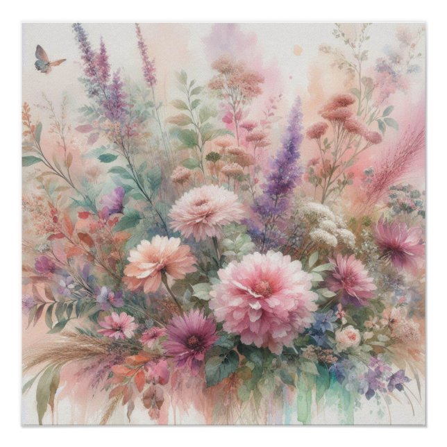 Fall flowers in pastel colours watercolor painting poster (Front)