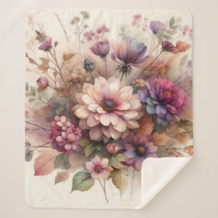 Fall flowers in pastel colours watercolor painting sherpa blanket