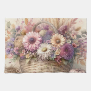 Fall flowers in pastel colours watercolor painting tea towel
