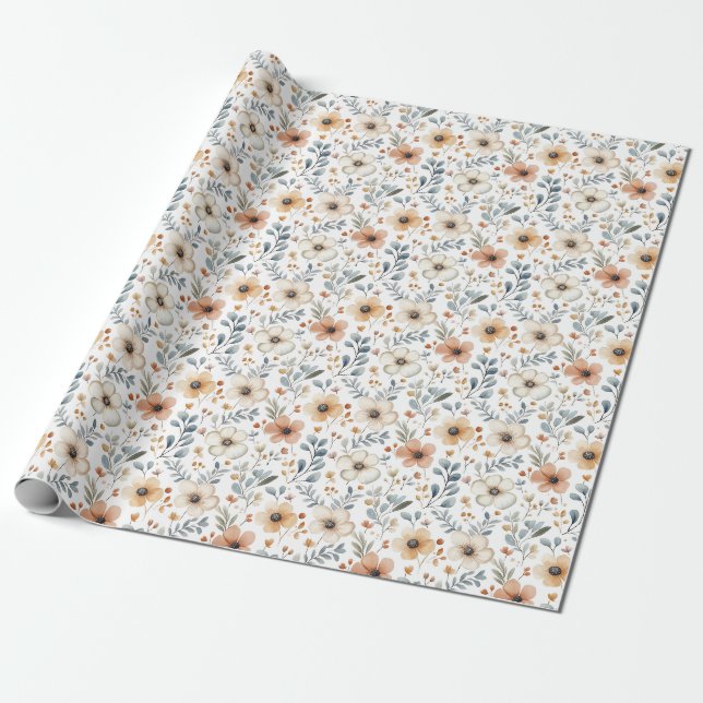 Fall Flowers & Leaves on White Wrapping Paper (Unrolled)