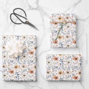 Fall Flowers & Leaves on White Wrapping Paper Sheet