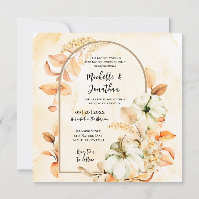 Fall Flowers Leaves Pumpkins Christian Wedding Invitation (Front)