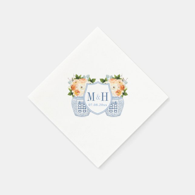 Fall Flowers Monogram Chinoiserie Wedding Party Napkin (Corner)