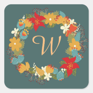 Fall Flowers Monogram Square Stickers, Glossy Sticker