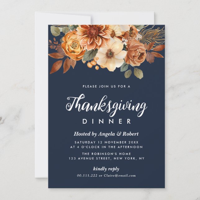 fall flowers navy blue thanksgiving dinner invitation (Front)