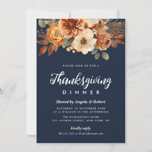 fall flowers navy blue thanksgiving dinner invitation