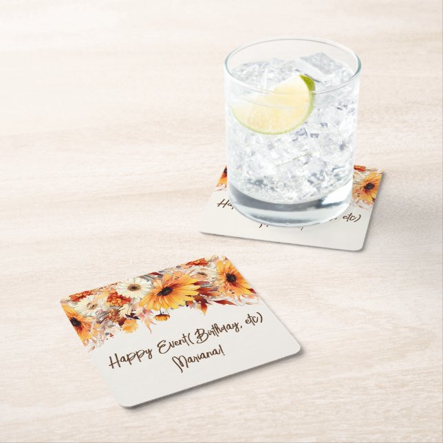 Fall Flowers on Beige Party Square Paper Coaster (Insitu)