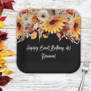 Fall Flowers on Black Party Paper Plate