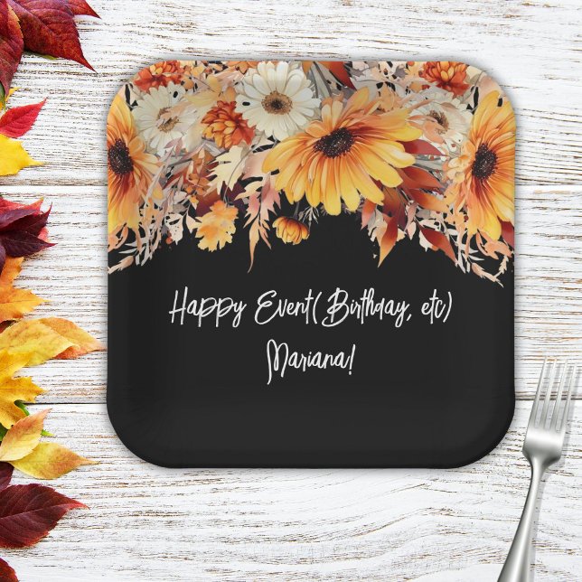 Fall Flowers on Black Party Paper Plate (Creator Uploaded)