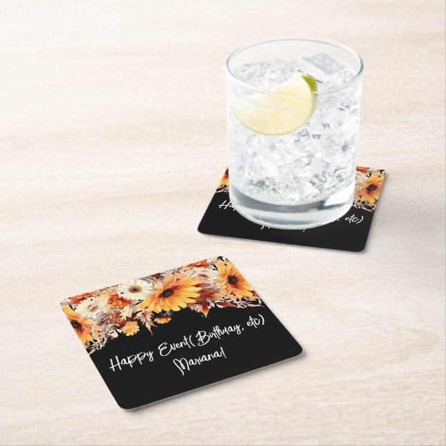 Fall Flowers on Black Party Square Paper Coaster (Insitu)
