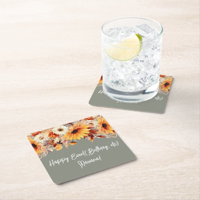Fall Flowers on Sage Party Square Paper Coaster (Insitu)