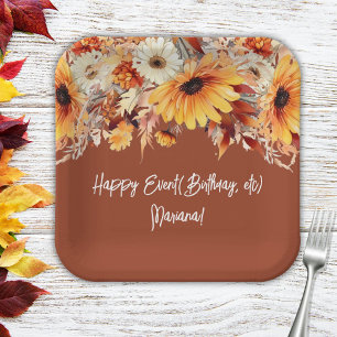 Fall Flowers on Terracotta Party Paper Plate