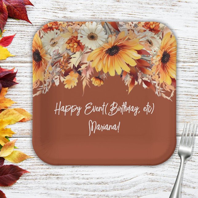 Fall Flowers on Terracotta Party Paper Plate (Creator Uploaded)