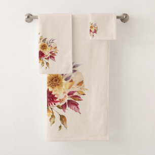 Fall Flowers Orange Rust Yellow Purple Bath Towel Set