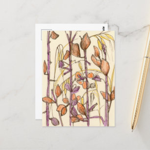 Fall Flowers Plants Autumn Colours Ink Drawing Art Postcard