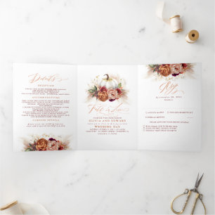 Fall Flowers Pumpkin Elegant Boho Wedding Tri-Fold Invitation