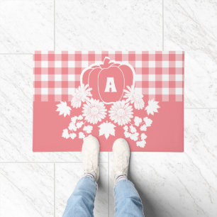 Fall Flowers Pumpkin Vines Monogram Pink Plaid Doormat