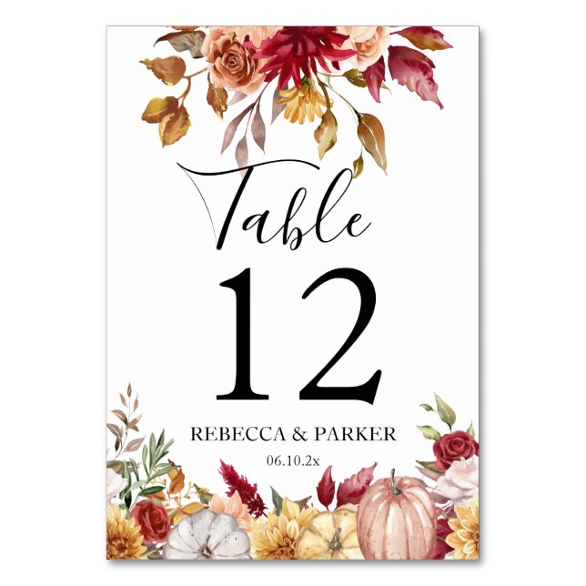Fall flowers pumpkins personalised Wedding Table Number (Front)