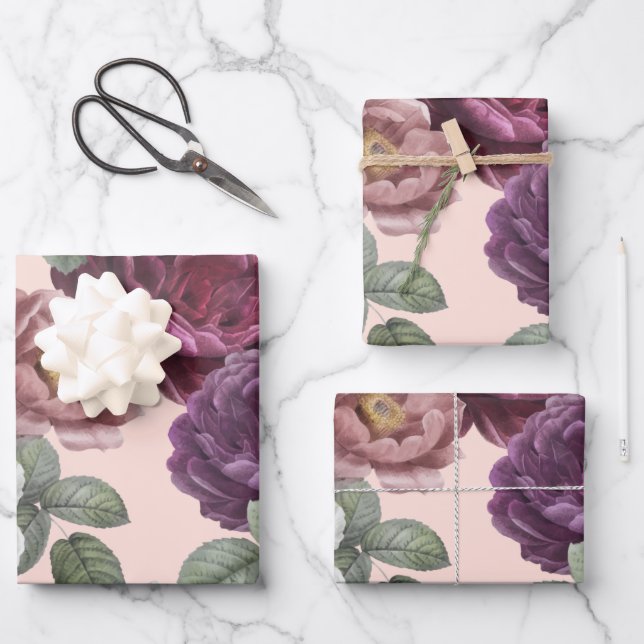Fall Flowers Purple Botanical Floral Wrapping Wrap Paper Sheet (Front)
