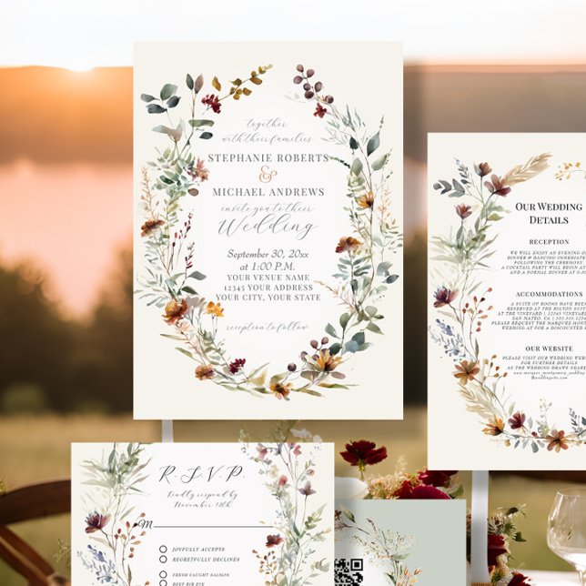 Fall Flowers Rustic Boho Wreath Floral Wedding Invitation (Creator Uploaded)