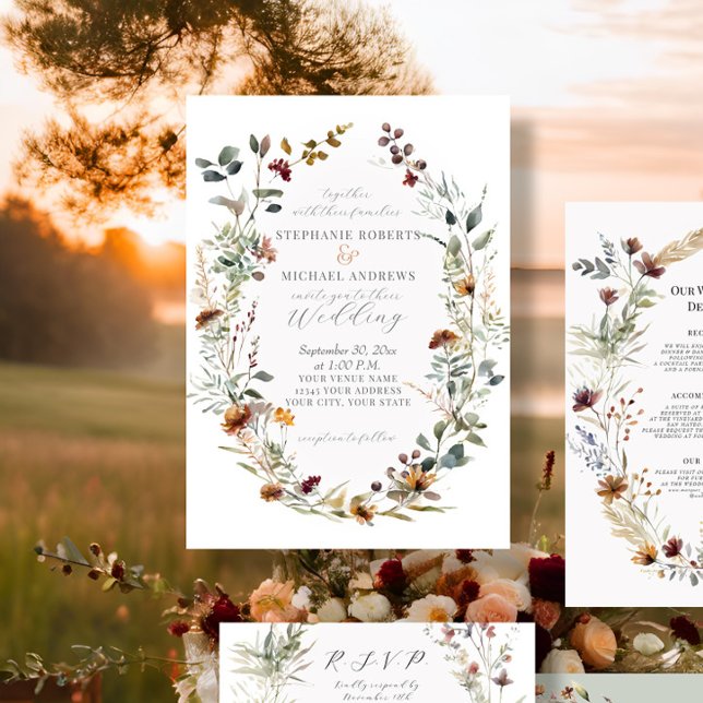 Fall Flowers Rustic Boho Wreath Floral Wedding Invitation (Creator Uploaded)