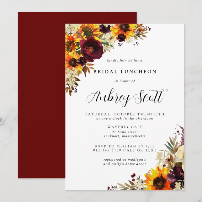 Fall Flowers Sunflower Rose Bridal Shower Luncheon Invitation (Front/Back)