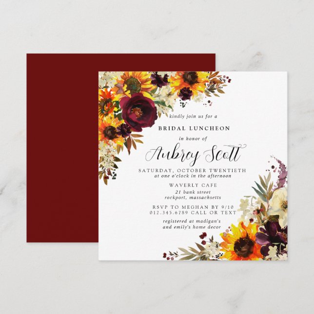 Fall Flowers Sunflower Rose Bridal Shower Luncheon Invitation (Front/Back)