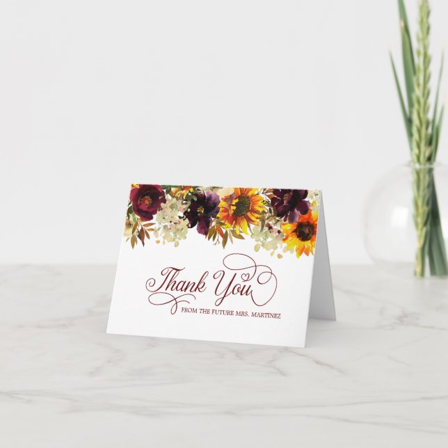 Fall Flowers Sunflower Rose Bridal Shower Photo Thank You Card (Front)