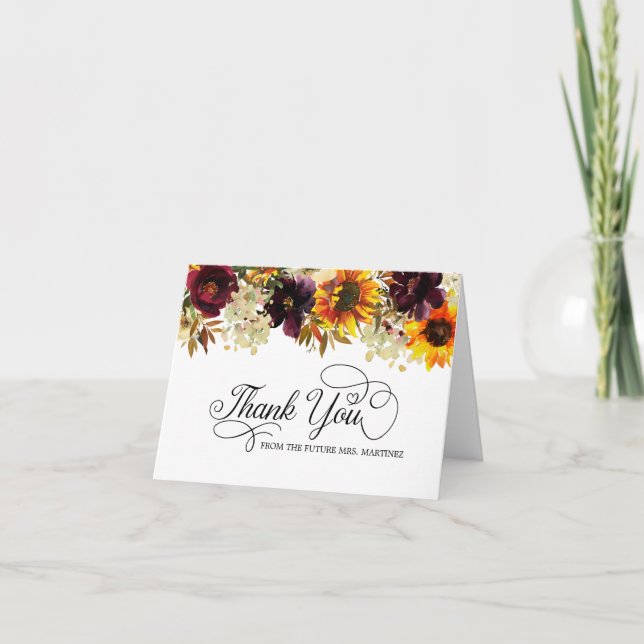 Fall Flowers Sunflower Rose Bridal Shower Photo Thank You Card (Front)
