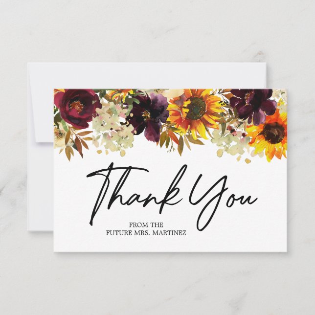 Fall Flowers Sunflower Rose Bridal Shower Thank You Card (Front)