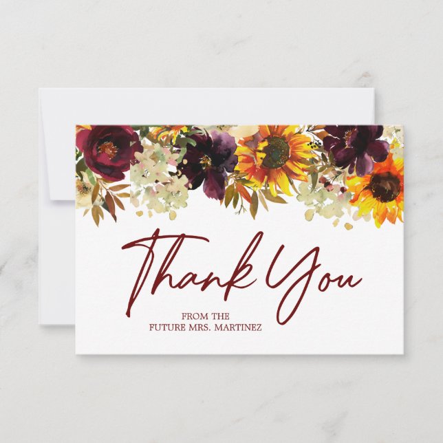 Fall Flowers Sunflower Rose Bridal Shower Thank You Card (Front)