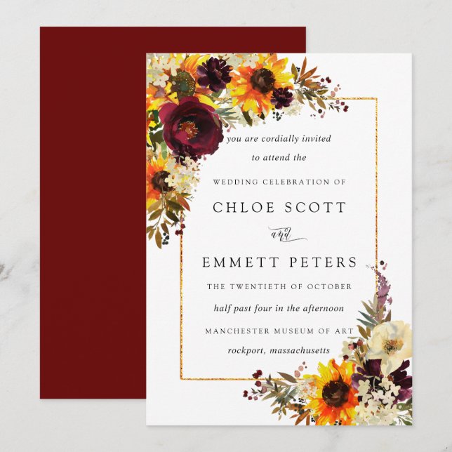 Fall Flowers Sunflower Rose Rustic Wedding Invitat Invitation (Front/Back)