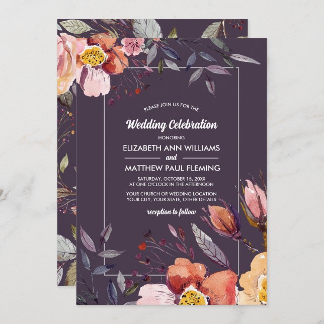 Fall Flowers Watercolor Plum Wedding Invitation (Front/Back)