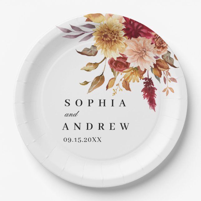 Fall Flowers Wedding Paper Plate (Front)