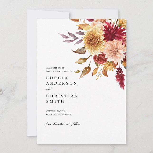 Fall Flowers Wedding Save The Date Card (Front)