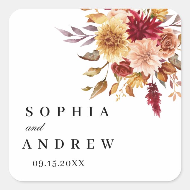 Fall Flowers Wedding Square Sticker (Front)