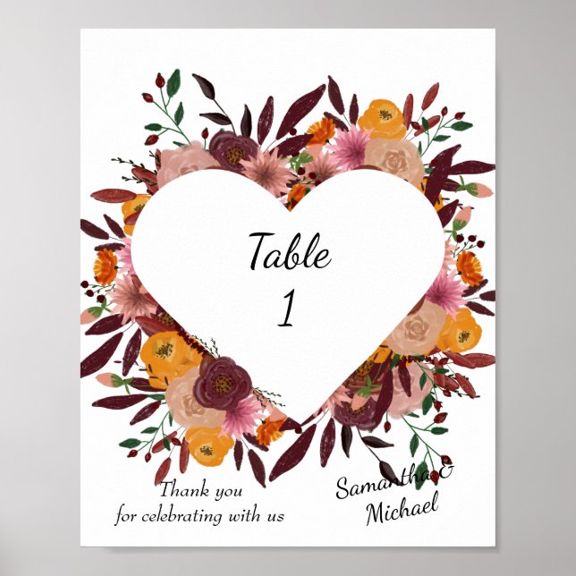 Fall Flowers Wedding White Table Number Poster  (Front)