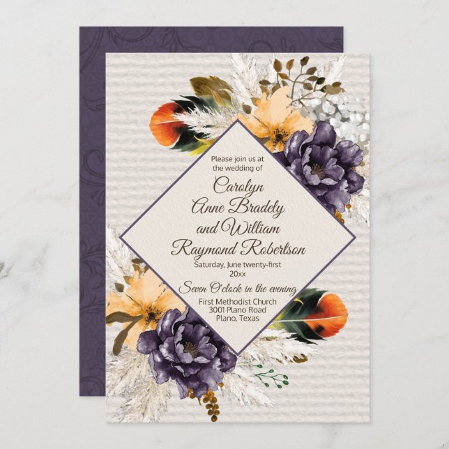 Fall Flowers with Pampas Grass and Feather Wedding Invitation (Front/Back)