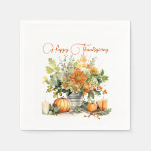 Fall Flowers with Pumpkin, Happy Thanksgiving Napkin